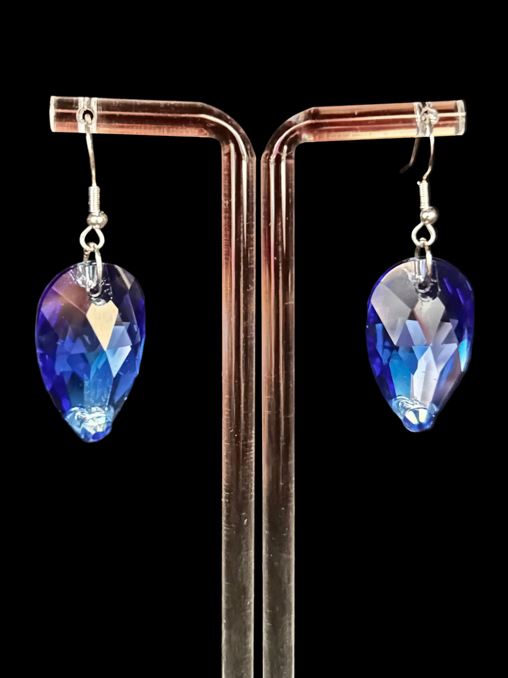 Blackpool Bling 1-drop performance competition earring in size Large featuring a single pear cut Sapphire Blue stone, also known as a tear drop or raindrop design for ballroom and Latin dance.