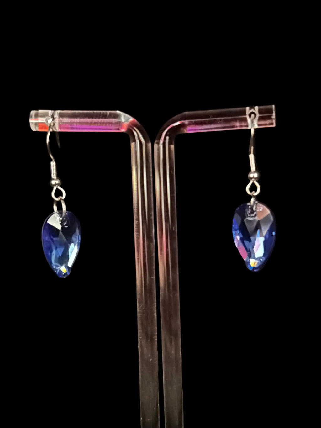 Blackpool Bling 1-drop performance competition earring in size Medium featuring a single pear cut Sapphire Blue stone, also known as a tear drop or raindrop design for ballroom and Latin dance.